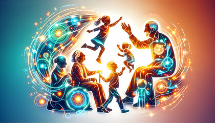 Fototapeta premium Glowing Abstract Grandparents and Grandchildren Playing concept as A dynamic digital art banner featuring glowing abstract icons of grandparents and grandchildren playing together. The design radiates