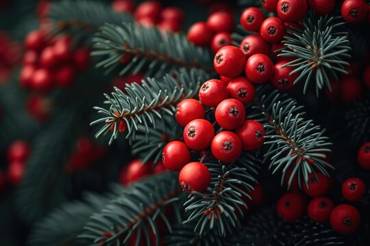 Christmas tree banches and red berries background