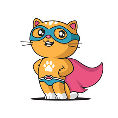 Funny and cute cat superhero mascot character vector cartoon illustration isolated on white