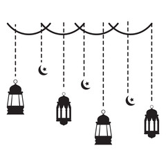 Ramadan Hanging Lantern Decoration Silhouette. Isolated on White Background