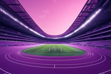 a purple stadium with a track and a pink sky