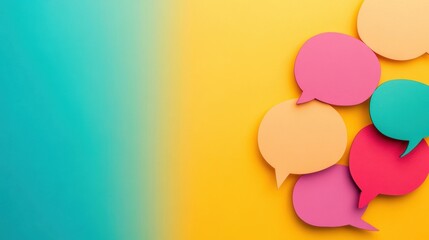 Colorful speech bubbles cluster on a bright, multicolored background, representing dynamic conversation and creativity