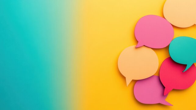 Colorful speech bubbles cluster on a bright, multicolored background, representing dynamic conversation and creativity