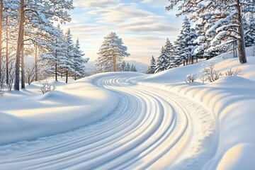 Obraz premium A serene winter landscape featuring snowy trees and winding paths under a soft, pastel sky.