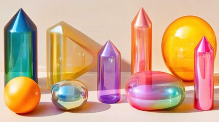 Fototapeta premium Vibrant geometric shapes exhibit transparency and color, reflecting light beautifully, creating an engaging visual composition