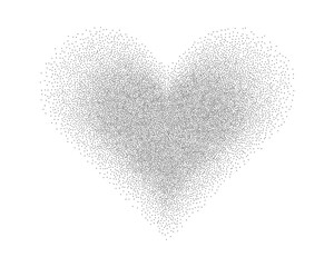 Heart sphere grain dot effect, monochrome random sand noise tattoo. Trendy modern splatery2k. Dot gradient pointillism.