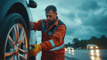 Handsome road assistance worker in uniform changing car wheel on the highway