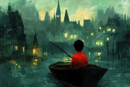 a painting of a boy in a boat on a river at night