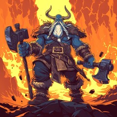 Fototapeta premium A Blue-Skinned, White-Bearded Viking Warrior Holding Two Axes in Front of a Fiery Background