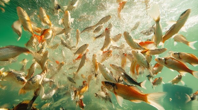 a large group of fish swimming in the water