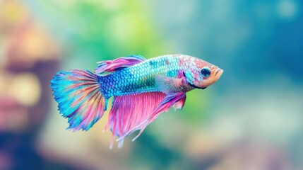 Obraz premium A vivid Betta fish swims elegantly, showcasing its flowing fins and bright colors against a lively underwater backdrop