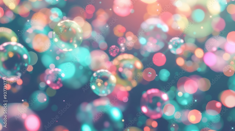 Poster bubbles of various sizes shimmer and hover in a delightful array of colors, set against a deep, dark