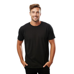 Obraz premium A man wearing a black t-shirt against a neutral background, ideal for a design mockup, shows style and modernity