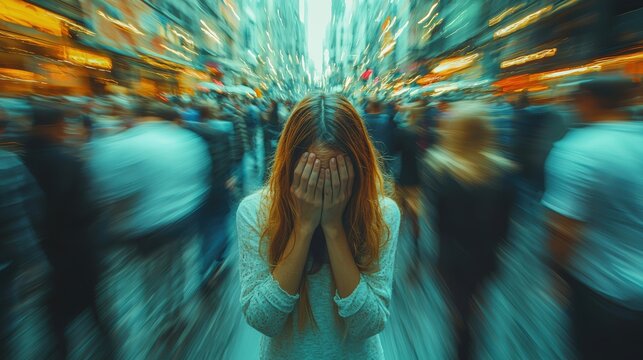 Anxious Woman in a Blurred Crowded Street - Concept of Urban Stress, Anxiety, and Overwhelm