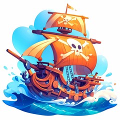 Naklejka premium A Pirate Ship Sailing on a Blue Ocean with a Skull and Crossbones Flag