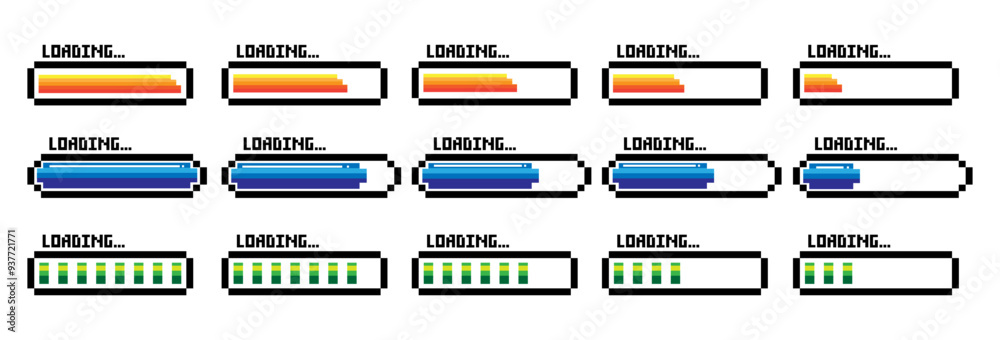 Poster pixel art 8-bit loading bar concept. loading icons set.load bar collection. loading icons on white b