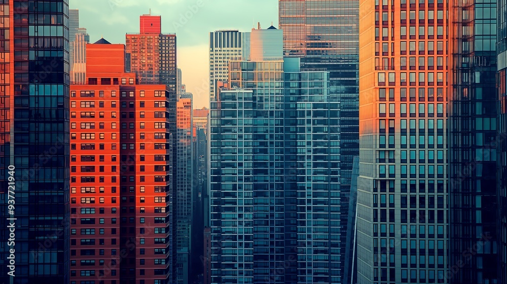 Wall mural arafficial photograph of a city with tall buildings and a red sky