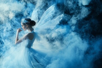 Ethereal fairy with wings in a dreamy and smoky environment fantasy-themed image.