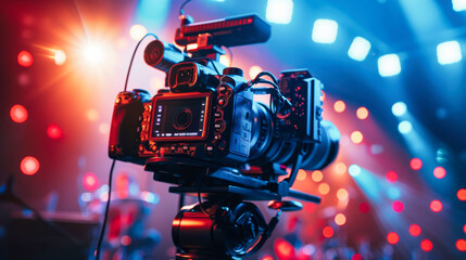 Cinematic scene of a video production studio with professional cameras and lighting equipment