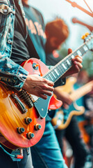 Naklejka premium Close up of young musicians playing electric guitars at an outdoor concert