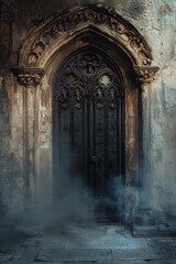 Fototapeta premium Mysterious Gothic Doorway Shrouded in Mist