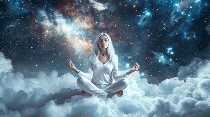 Fototapeta premium A beautiful young woman meditating on clouds