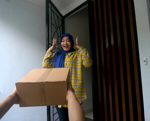 Happy Surprised Young Woman Receiving Delivery Boxes From Courier On Doorway At Home. Low Angle View