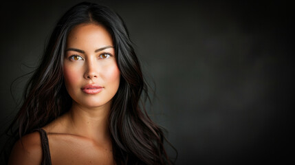 Fototapeta premium A beautiful young woman model against a dark background, with space for text