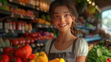 Fototapeta premium A young woman with a bright smile holds colorful peppers in a vibrant grocery store, surrounded by fresh produce and a warm, inviting atmosphere.