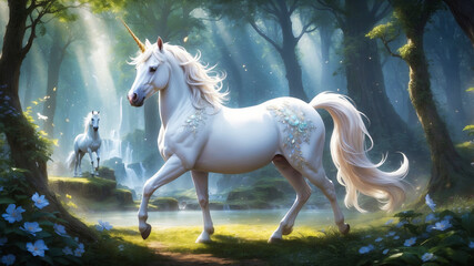 A fantasy magical fairy tale white unicorn