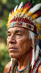 Fototapeta premium An old Native American man with a headdress