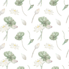 Seamless pattern with watercolor flowers lotuses lotuses, buds and leaves. Watercolor illustration, hand drawn lotuses for design