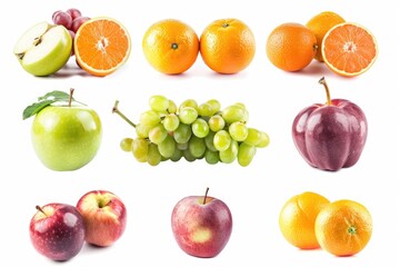 A collection of various fruits arranged on a white surface