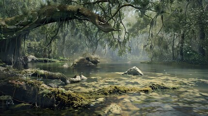 Tranquil Forest River - Lush Greenery and Misty Atmosphere