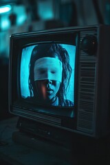 a television screen with a man's face on it