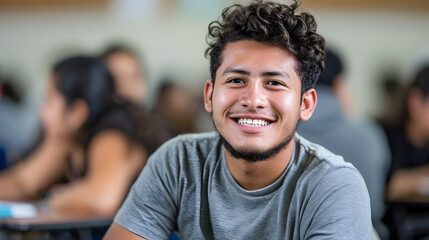 Fototapeta premium Smiling Latino Male Student in Classroom other students in the background