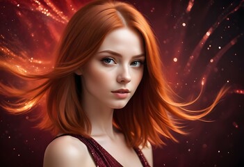 Beautiful girl model  portrait on a flowing red, blue and black abstract background with soft, wavy shapes and subtle sparkles