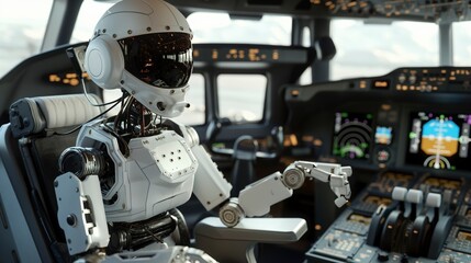 A white robotic pilot wearing a helmet is sitting in the cockpit of an airplane. The robot's hand is pointing towards the controls.