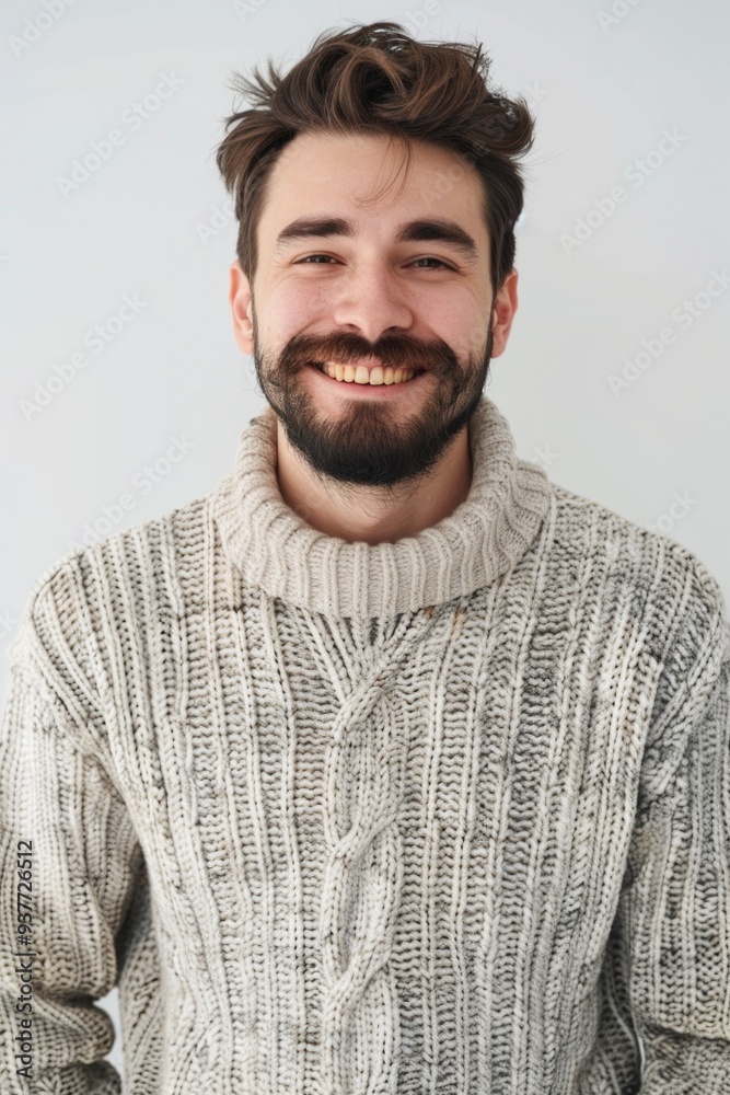 Poster a person with a beard is wearing a sweater, great for use in editorial or lifestyle images