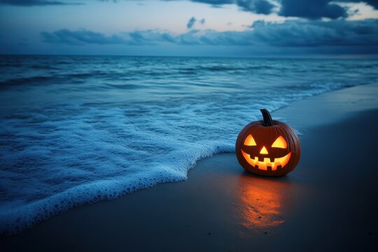 halloween pumpkin on the beach at night