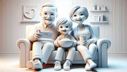 3D Grandparents and Grandchildren Watching a Movie concept as A candid shot of grandparents and grandchildren watching a movie together in a cozy living room. The image captures the relaxed contented 