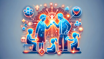 Obraz premium Glowing Abstract Grandparents and Grandchildren Playing concept as A dynamic digital art banner featuring glowing abstract icons of grandparents and grandchildren playing together. The design radiates