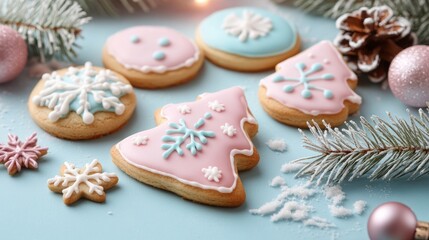 Festive Christmas Cookies with Colorful Icing on Pastel Background