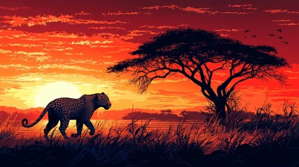 Naklejka premium Leopard Walking Through Tall Grass at Sunset