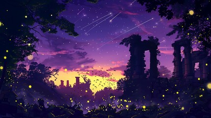 Fototapeta premium A mystical forest glade in the golden hour of dawn, with ancient ruins bathed in the soft.