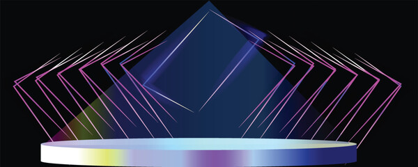 Cylinder flying podium with neon glowing abstract geometric shapes
