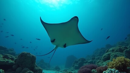 big stingray swims in red sea, underwater shooting, corals