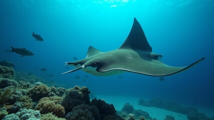 big stingray swims in red sea, underwater shooting, corals