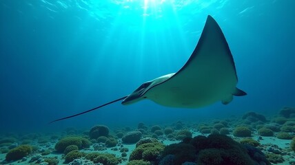 Fototapeta premium big stingray swims in red sea, underwater shooting, corals