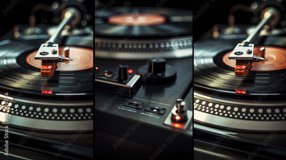 Poster a close-up of a turntable with a vinyl record spinning, great for music-related concepts and nostalg